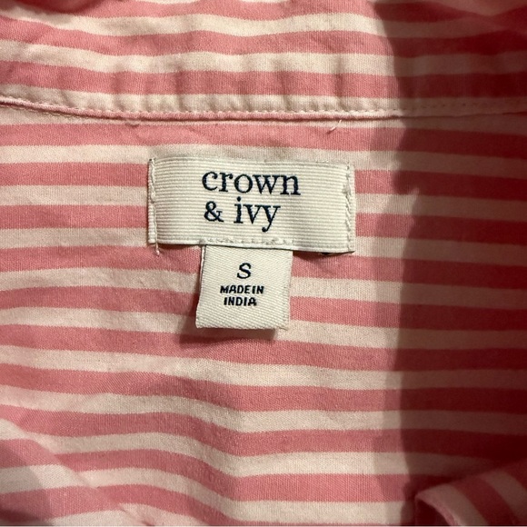 Crown & Ivy Pink White Striped Cotton Stretch Ruffle Button Up Top - Picture 5 of 6